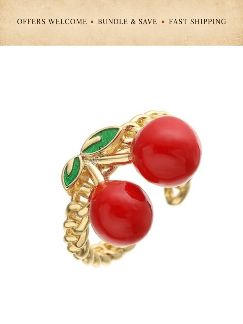 14k Gold Plated Strawberry Ring Adjustable Stackable Statement Jewelry